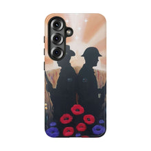Load image into Gallery viewer, Phone case with an Australian and New Zealand soldier back to back with light-horsemen in the background and poppies in the foreground