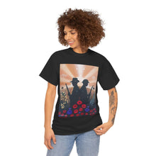 Load image into Gallery viewer, T-shirt with an Australian and New Zealand soldier back to back with light-horsemen in the background and poppies in the foreground