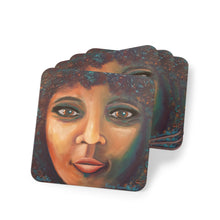 Load image into Gallery viewer, Corkwood underside, glossy finish on top. 1 or 4 pc sets. 9.5 x 9.5cm. Close up portrait of an African American woman