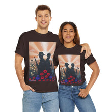 Load image into Gallery viewer, T-shirt with an Australian and New Zealand soldier back to back with light-horsemen in the background and poppies in the foreground