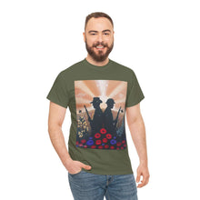 Load image into Gallery viewer, T-shirt with an Australian and New Zealand soldier back to back with light-horsemen in the background and poppies in the foreground