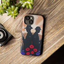 Load image into Gallery viewer, Phone case with an Australian and New Zealand soldier back to back with light-horsemen in the background and poppies in the foreground
