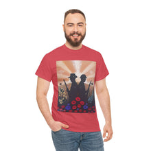 Load image into Gallery viewer, T-shirt with an Australian and New Zealand soldier back to back with light-horsemen in the background and poppies in the foreground