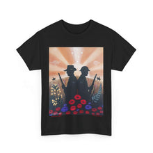 Load image into Gallery viewer, T-shirt with an Australian and New Zealand soldier back to back with light-horsemen in the background and poppies in the foreground