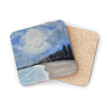 Load image into Gallery viewer, Corkwood underside, glossy finish on top. 1 or 4 pc sets. 9.5 x 9.5cm. Safety Bay Beach, West Australia. Pines, rays & beach