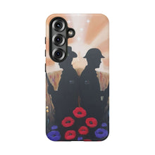 Load image into Gallery viewer, Phone case with an Australian and New Zealand soldier back to back with light-horsemen in the background and poppies in the foreground