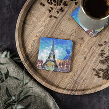 Load image into Gallery viewer, Corkwood underside, glossy finish on top. 1 or 4 pc sets. 9.5 x 9.5cm. Impressionistic painting of the iconic Eiffel Tower