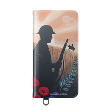 Load image into Gallery viewer, Phone case wallet with an Australian and New Zealand soldier back to back with light-horsemen in the background and poppies in the foreground