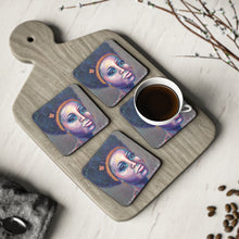 Load image into Gallery viewer, Corkwood underside, glossy finish on top. 1 or 4 pc sets. 9.5 x 9.5cm. Bold coloured portrait of a sassy woman with an afro