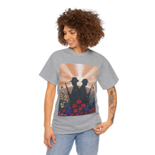 Load image into Gallery viewer, T-shirt with an Australian and New Zealand soldier back to back with light-horsemen in the background and poppies in the foreground