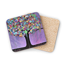 Load image into Gallery viewer, Corkwood underside, glossy finish on top. 1 or 4 pc sets. 9.5 x 9.5cm. Spiritual tree of life with colourful leaves
