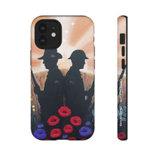 Load image into Gallery viewer, Phone case with an Australian and New Zealand soldier back to back with light-horsemen in the background and poppies in the foreground