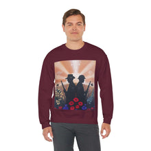 Load image into Gallery viewer, Sweatshirt with an Australian and New Zealand soldier back to back with light-horsemen in the background and poppies in the foreground