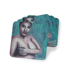 Load image into Gallery viewer, Corkwood underside, glossy finish top. 1 or 4pc sets. 9.5x9.5cm. Sassy woman embracing her curves, loving the skin she is in