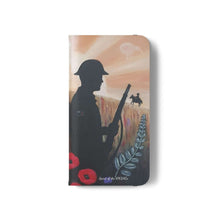 Load image into Gallery viewer, Phone case wallet with an Australian and New Zealand soldier back to back with light-horsemen in the background and poppies in the foreground
