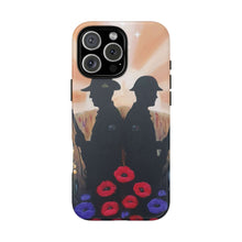 Load image into Gallery viewer, Phone case with an Australian and New Zealand soldier back to back with light-horsemen in the background and poppies in the foreground