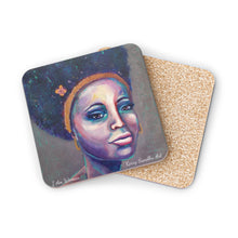 Load image into Gallery viewer, Corkwood underside, glossy finish on top. 1 or 4 pc sets. 9.5 x 9.5cm. Bold coloured portrait of a sassy woman with an afro