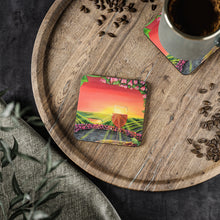 Load image into Gallery viewer, Corkwood underside, glossy finish on top. 1 or 4 pc sets. 9.5x9.5cm. Wine glass, grapes, vineyard, flowers, sunset, sunrays