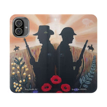 Load image into Gallery viewer, Phone case wallet with an Australian and New Zealand soldier back to back with light-horsemen in the background and poppies in the foreground