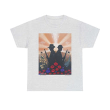 Load image into Gallery viewer, T-shirt with an Australian and New Zealand soldier back to back with light-horsemen in the background and poppies in the foreground