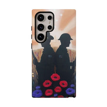 Load image into Gallery viewer, Phone case with an Australian and New Zealand soldier back to back with light-horsemen in the background and poppies in the foreground
