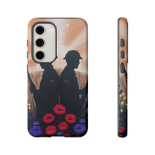 Load image into Gallery viewer, Phone case with an Australian and New Zealand soldier back to back with light-horsemen in the background and poppies in the foreground
