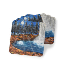 Load image into Gallery viewer, Corkwood underside, glossy finish top. 1 or 4pc sets. 9.5x9.5cm. Waterfall, rocks, pine trees, full moon, water reflections
