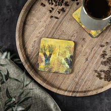 Load image into Gallery viewer, Corkwood underside, glossy finish on top. 1 or 4 pc sets. 9.5 x 9.5cm. Impressionistic painting of grass trees