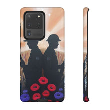 Load image into Gallery viewer, Phone case with an Australian and New Zealand soldier back to back with light-horsemen in the background and poppies in the foreground