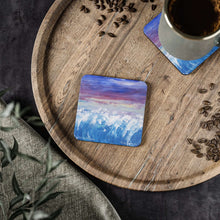 Load image into Gallery viewer, Corkwood underside, glossy finish on top. 1 or 4 pc sets. 9.5 x 9.5cm. Abstract ocean waves and sunset