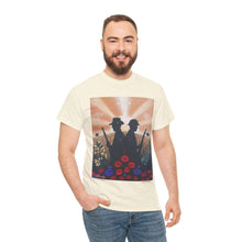 Load image into Gallery viewer, T-shirt with an Australian and New Zealand soldier back to back with light-horsemen in the background and poppies in the foreground