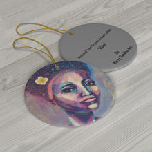 Load image into Gallery viewer, Original artwork front, description on back. Thick high-quality porcelain. 7cm diameter. Comes w/ ribbon by Kerry Sandhu Art