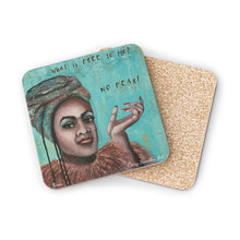 Load image into Gallery viewer, Corkwood underside, glossy finish on top. 1 or 4 pc sets. 9.5 x 9.5cm. Female portrait & words "What is free to me- No fear!"
