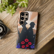 Load image into Gallery viewer, Phone case with an Australian and New Zealand soldier back to back with light-horsemen in the background and poppies in the foreground