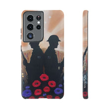 Load image into Gallery viewer, Phone case with an Australian and New Zealand soldier back to back with light-horsemen in the background and poppies in the foreground