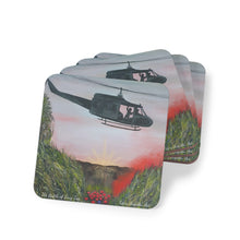 Load image into Gallery viewer, Corkwood underside, glossy finish on top. 1 or 4 pc sets. 9.5x9.5cm. ANZAC Inspired Vietnam War Battle of Long Tan w/ chopper