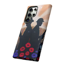 Load image into Gallery viewer, Phone case with an Australian and New Zealand soldier back to back with light-horsemen in the background and poppies in the foreground