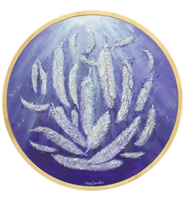 Load image into Gallery viewer, 'The Light'. Beautiful textured white feathers cascading down through light rays, on a round canvas by Kerry Sandhu Art