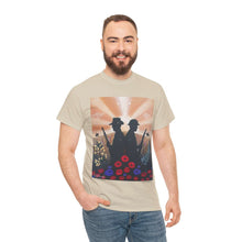 Load image into Gallery viewer, T-shirt with an Australian and New Zealand soldier back to back with light-horsemen in the background and poppies in the foreground