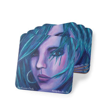 Load image into Gallery viewer, Corkwood underside, glossy finish on top. 1 or 4pc sets. 9.5x9.5cm. Portrait of a sassy female looking back over her shoulder