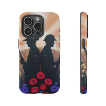 Load image into Gallery viewer, Phone case with an Australian and New Zealand soldier back to back with light-horsemen in the background and poppies in the foreground