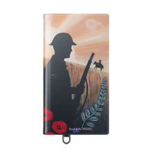 Load image into Gallery viewer, Phone case wallet with an Australian and New Zealand soldier back to back with light-horsemen in the background and poppies in the foreground