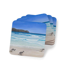 Load image into Gallery viewer, Corkwood underside, glossy finish on top. 1 or 4 pc sets. 9.5x9.5cm. Kangaroos on Lucky Bay Beach Esperance Western Australia