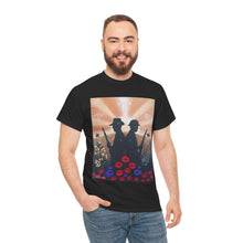 Load image into Gallery viewer, T-shirt with an Australian and New Zealand soldier back to back with light-horsemen in the background and poppies in the foreground