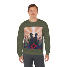 Load image into Gallery viewer, Sweatshirt with an Australian and New Zealand soldier back to back with light-horsemen in the background and poppies in the foreground