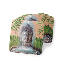 Load image into Gallery viewer, Corkwood underside, glossy finish on top. 1 or 4 pc sets. 9.5 x 9.5cm. Peaceful Buddha statue water fountain w/ bamboo behind