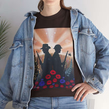 Load image into Gallery viewer, T-shirt with an Australian and New Zealand soldier back to back with light-horsemen in the background and poppies in the foreground
