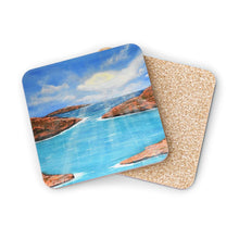 Load image into Gallery viewer, Corkwood underside, glossy finish on top. 1 or 4 pc sets. 9.5x9.5cm. Outback Australia Islands, clouds, sunrays, blue water