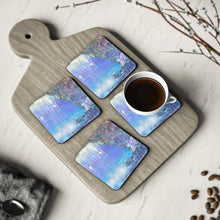 Load image into Gallery viewer, Corkwood underside, glossy finish on top. 1 or 4 pc sets. 9.5 x 9.5cm. Whimsical fairy playground behind a waterfall