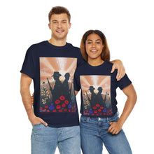 Load image into Gallery viewer, T-shirt with an Australian and New Zealand soldier back to back with light-horsemen in the background and poppies in the foreground